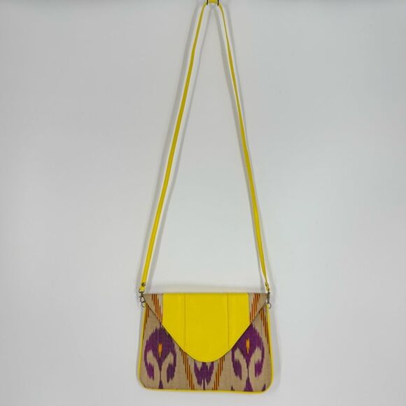 NWOT Frankitas Ikat Handwoven Yellow Leather Trim Crossbody / Clutch Bag - Picture 2 of 8